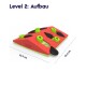 Interaktives Haustierpuzzle-Spielzeug in Rot und Grün, mit den Maßen 22,9 cm mal 25,4 cm, beschriftet mit "Level 2: Aufbau."