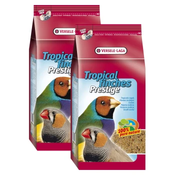Zwei Tüten Versele-Laga Tropical Finches Prestige Vogelfutter, mit bunten Finkenillustrationen und dem Text '100% reine Natur.'