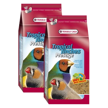 Zwei Tüten Versele-Laga Tropical Finches Prestige Vogelfutter, mit bunten Finkenillustrationen und dem Text '100% reine Natur.'
