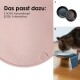 Bild einer rosa Haustierfütterungsmatte mit dem Text "Das passt dazu: 1 BOWL Keramiknapf 2 DELI Futterstation." Eine Katze frisst aus einer Schüssel auf der Matte.
