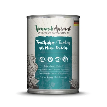 Dose von Venandi Animal Premium-Katzenfutter mit Truthahn als Monoprotein, mit Text, der natürliche Zutaten und getreidefrei hervorhebt.