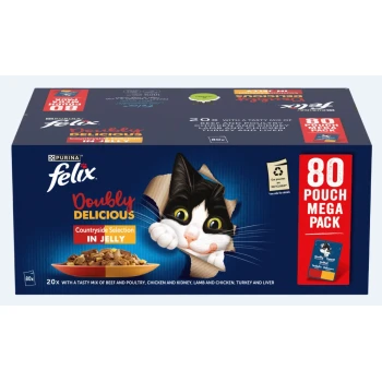 Purina Felix Doubly Delicious cat food packaging with a playful cat, featuring "80 Pouch Mega Pack" and "Countryside Selection in Jelly."
