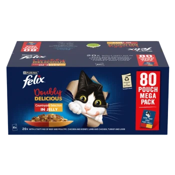 Purina Felix Doubly Delicious cat food packaging with a playful cat, featuring "80 Pouch Mega Pack" and "Countryside Selection in Jelly."