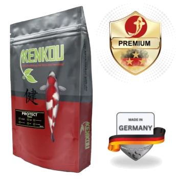 Beutel KENKOU Koi-Fischfutter (PROTECT) mit Koi-Motiv, Kanji-Zeichen, 'PREMIUM'-Schild und 'Made in GERMANY'-Abzeichen.
