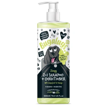 Flasche Bugalugs 2-in-1 Shampoo und Conditioner für Hunde, mit einem Cartoon-Hund, Grapefruit- und Orangenduft, vegan, 500ml.