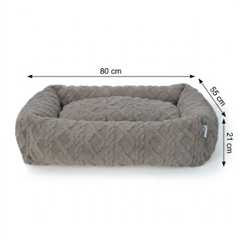 Panier rectangulaire en peluche grise texturée avec bords relevés, étiquette blanche ; dimensions indiquées 80 cm, 55 cm et 21 cm.