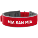 Rote Haustierhalsband mit dem Text "MIA SAN MIA" in Weiß, mit einem gepolsterten Innenraum für Komfort.