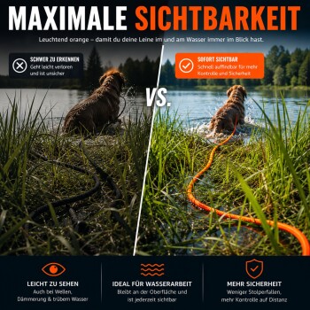 Geteiltes Bild: dunkel schwer sichtbare Leine vs. leuchtend orange gut sichtbare Leine, die zu einem Hund im Wasser führt; Text 'MAXIMALE SICHTBARKEIT'.