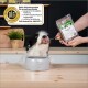 Schwarz-weißer Hund frisst einen Löffel Nassfutter aus einer 'COMPLETE' BARF-Packung; DLG-Qualitätssiegel und Text sichtbar.