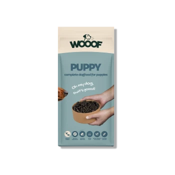 WOOOF-Welpenfuttertüte mit der Aufschrift 'PUPPY – complete dogfood for puppies' und 'Oh my dog, that's goood!', Hände, die eine Schüssel mit Futter halten, und Hundeschnauze.