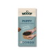 WOOOF-Welpenfuttertüte mit der Aufschrift 'PUPPY – complete dogfood for puppies' und 'Oh my dog, that's goood!', Hände, die eine Schüssel mit Futter halten, und Hundeschnauze.