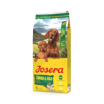 Josera Lachs & Reis Hundefutterbeutel für Mutter und Welpe, alle Größen, mit Bildern von zwei Hunden und Fischillustration.