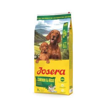 Josera Lachs & Reis Hundefutterbeutel für Mutter und Welpe, alle Größen, mit Bildern von zwei Hunden und Fischillustration.
