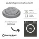 Grauer Hundebett mit der Aufschrift "Doctor Bark" und Funktionen: waschbar bis 60 °C, trocknergeeignet und geeignet für Hunde bis 5 kg.