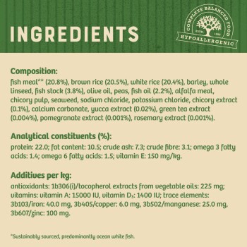 Ingredients list for a hypoallergenic pet food, detailing composition, analytical constituents, and additives per kg, with a green background.