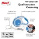 Blue and gray flexi dog leash with ergonomic grip, sturdy tape, and braking system. Size S (max 15kg), 5m length. Quality made in Germany.