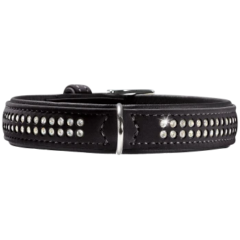 Schwarzes Lederhalsband mit zwei Reihen klarer Strasssteine, gesteppten Kanten, silbernem D-Ring und Schnalle