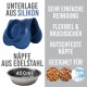 Silicone Haustierfütterungsmatte in Blau mit einer Edelstahlschüssel beschriftet 400ml; der Text hebt einfache Reinigung, Flexibilität und rutschfeste Eigenschaften hervor.