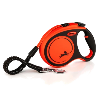 A bright orange retractable dog leash with a black handle, featuring a silhouette of a dog and the text "XTREME" on the side.
