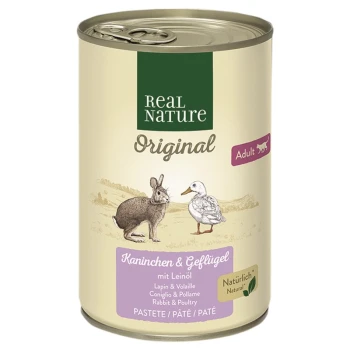 Original Nassfutter Katze, Adult, Kaninchen und Geflügel mit Leinöl 6x400 g Dose von Real Nature Original Haustierfutter für Erwachsene, mit Illustrationen eines Kaninchens und einer Ente, beschriftet mit "Kanichen & Geflügel mit Leinöl."