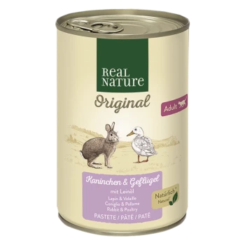 Dose von Real Nature Original Haustierfutter für Erwachsene, mit Illustrationen eines Kaninchens und einer Ente, beschriftet mit "Kanichen & Geflügel mit Leinöl."