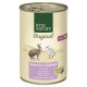 Dose von Real Nature Original Haustierfutter für Erwachsene, mit Illustrationen eines Kaninchens und einer Ente, beschriftet mit "Kanichen & Geflügel mit Leinöl."