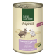 Blik van Real Nature Original huisdiervoeding voor volwassenen, met illustraties van een konijn en een eend, gelabeld "Kanichen & Geflügel mit Leinöl."