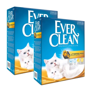 Zwei Boxen Ever Clean Katzenstreu mit einer weißen Katze auf der Vorderseite, die "Litterfree Paws" und "99,9% staubfrei" zeigt.