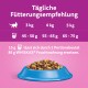 Tägliche Fütterungsempfehlungen für Katzen, die Portionsgrößen (45-75g) basierend auf dem Gewicht (3-5kg) zeigen, mit einer blauen Futterschüssel, die mit Trockenfutter gefüllt ist.