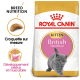 Sac de nourriture pour chat Royal Canin British Shorthair avec un chaton gris, avec un texte mettant en avant la nutrition de la race et le développement musculaire.