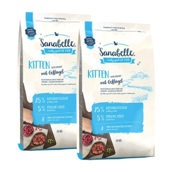 Sanabelle Kitten Katzenfutterbeutel, mit Geflügel, mit 25 % Geflügelfleisch und 5 % frischer Leber, jeweils 20 kg, in einem hellblauen und weißen Design.