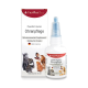 Ohrenpflege-Lösung für Haustiere in einer 50ml Flasche, mit Inhaltsstoffen wie Lebermoosextrakt und Propolis, mit Bildern verschiedener Tiere.