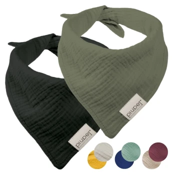 Zwei Haustierbandanas in Schwarz und Olivgrün mit strukturiertem Stoff und einem "plu.pet"-Etikett, plus fünf Farbmustern: Creme, Teal, Kastanienbraun, Gelb, Marineblau.