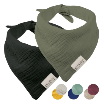 Zwei Haustierbandanas in Schwarz und Olivgrün mit strukturiertem Stoff und einem "plu.pet"-Etikett, plus fünf Farbmustern: Creme, Teal, Kastanienbraun, Gelb, Marineblau.