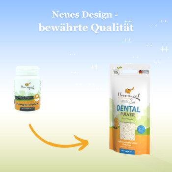 Zwei "Ich liebe meine Katze" Zahnprodukte: ein Glas und ein Beutel mit der Aufschrift "Dental Pulver", mit Text darüber, der sagt "Neues Design - bewährte Qualität."