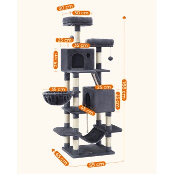 Katzenbaum mit mehreren Ebenen, Kratzpfosten und einem gemütlichen Versteck; Abmessungen beschriftet: Höhe 168 cm, Basis 55 cm, verschiedene Plattformgrößen.