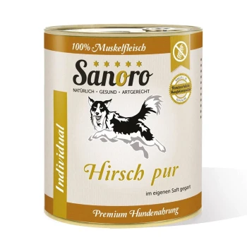 Dose Sanoro-Hundefutter, beschriftet mit "Hirsch pur," mit einer Silhouette eines Hundes, mit dem Text, der angibt, dass es 100% Muskelfleisch und Premium-Qualität ist.