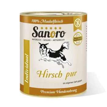 Dose Sanoro-Hundefutter, beschriftet mit "Hirsch pur," mit einer Silhouette eines Hundes, mit dem Text, der angibt, dass es 100% Muskelfleisch und Premium-Qualität ist.