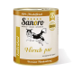 Dose Sanoro-Hundefutter, beschriftet mit "Hirsch pur," mit einer Silhouette eines Hundes, mit dem Text, der angibt, dass es 100% Muskelfleisch und Premium-Qualität ist.