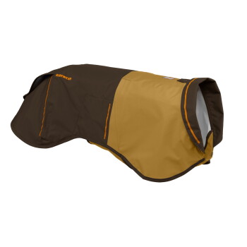 Eine braun-gelbe Hundejacke von Ruffwear, die ein schlankes Design mit orangefarbenen Akzenten und einer Seitentasche aufweist.