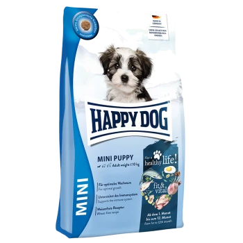 Worek karmy Happy Dog Mini Puppy z puszystym szczeniakiem na przodzie, podkreślający wsparcie wzrostu i korzyści dla układu odpornościowego po niemiecku.