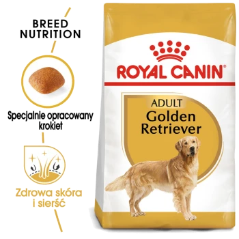 Torba z karmą dla psów Royal Canin Adult Golden Retriever z ilustracją golden retrievera, z tekstem podkreślającym odżywianie rasy i zdrowie skóry.