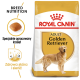 Torba z karmą dla psów Royal Canin Adult Golden Retriever z ilustracją golden retrievera, z tekstem podkreślającym odżywianie rasy i zdrowie skóry.
