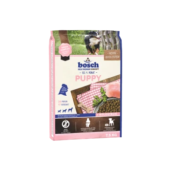 Bosch Welpenfutterbeutel, 7,5 kg, mit einem pinken Design, Bildern von Fleisch und Trockenfutter sowie Text, der den Protein- und Fettgehalt hervorhebt.