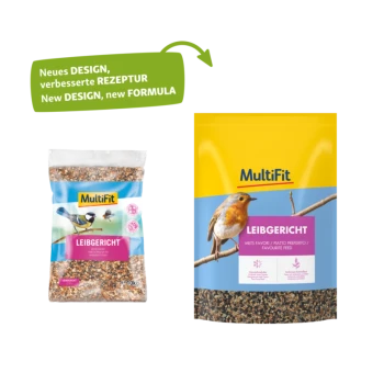 MultiFit Vogelfuttertüte mit blauem Hintergrund, mit Bildern einer Kohlmeise und eines Rotkehlchens, beschriftet mit "LEIBGERICHT" und "Lieblingsfutter."