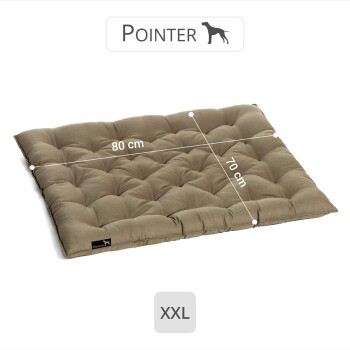 XXL Hundebett in einem weichen Beigeton, misst 80 cm mal 70 cm, mit gestepptem Design und Pointer-Logo.
