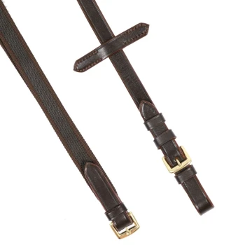 Braune Leder-Haustierleine mit einem gewebten Stoffabschnitt, mit einer goldenen Schnalle und verstellbarem Riemen.