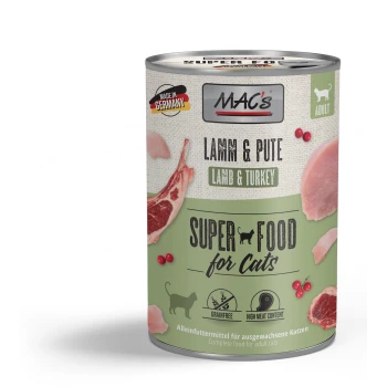 Nassfutter Katze Adult Lamm und Pute 6x400 g Dose Katzenfutter mit der Aufschrift "MAC's Lamm & Pute", das Lamm und Pute enthält, mit "Super Food for Cats" und "Getreidefrei"-Symbolen.