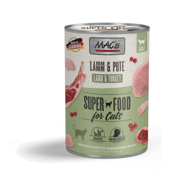 Dose Katzenfutter mit der Aufschrift "MAC's Lamm & Pute", das Lamm und Pute enthält, mit "Super Food for Cats" und "Getreidefrei"-Symbolen.