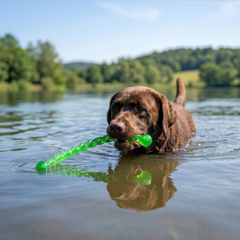 Labrador chocolat marchant dans un lac, tenant un jouet de lancer en corde verte dans la bouche, reflet dans l'eau et rive bordée d'arbres.